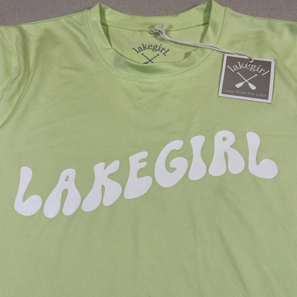 Lakegirl Rash Guard Kids Medium Lime Green Floral Smiley Sleeve Swim Top Surf